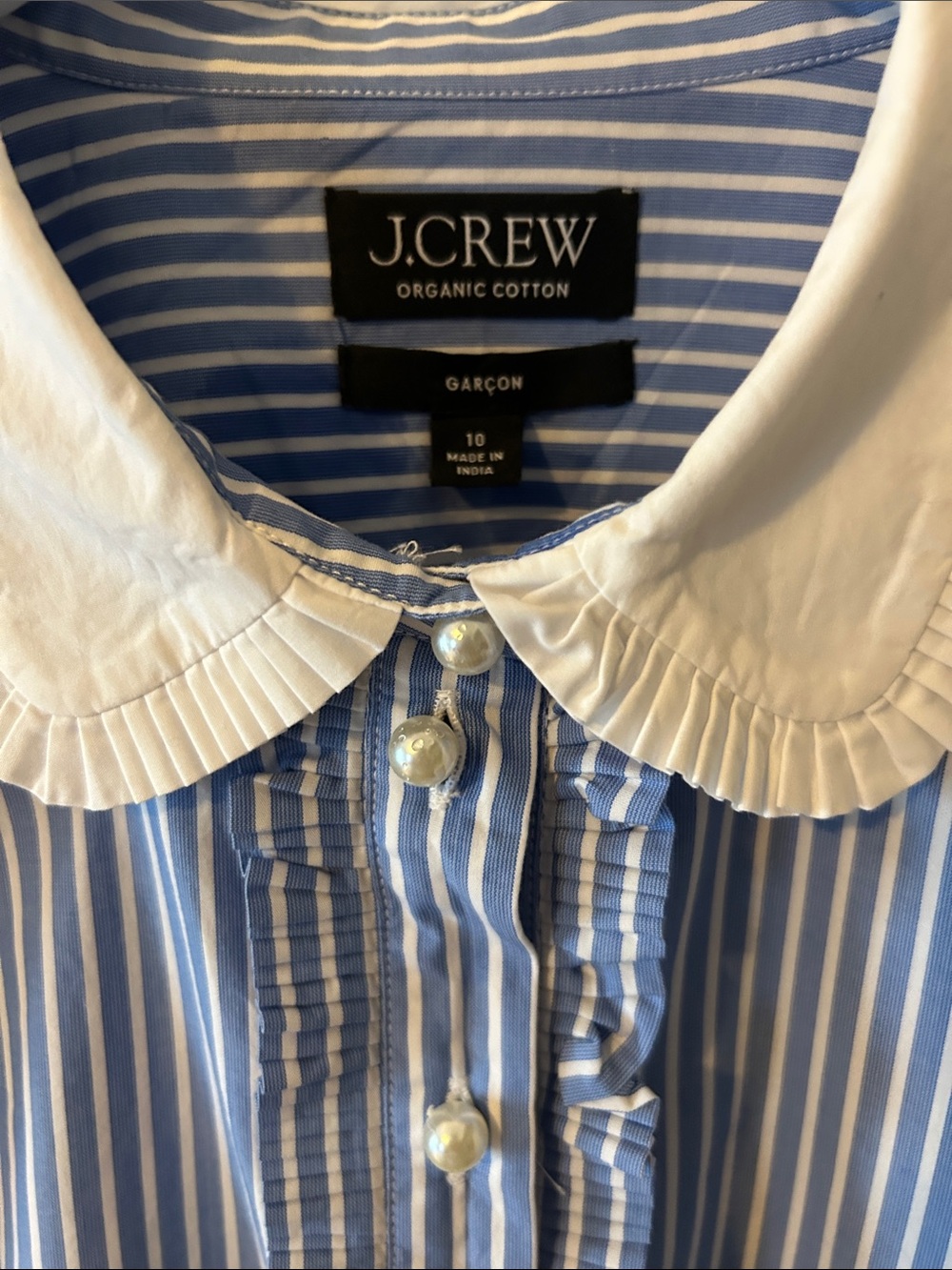 J. Crew Blue & White Striped Ruffle-Front Shirt with Contrast Collar - Picture 4 of 5